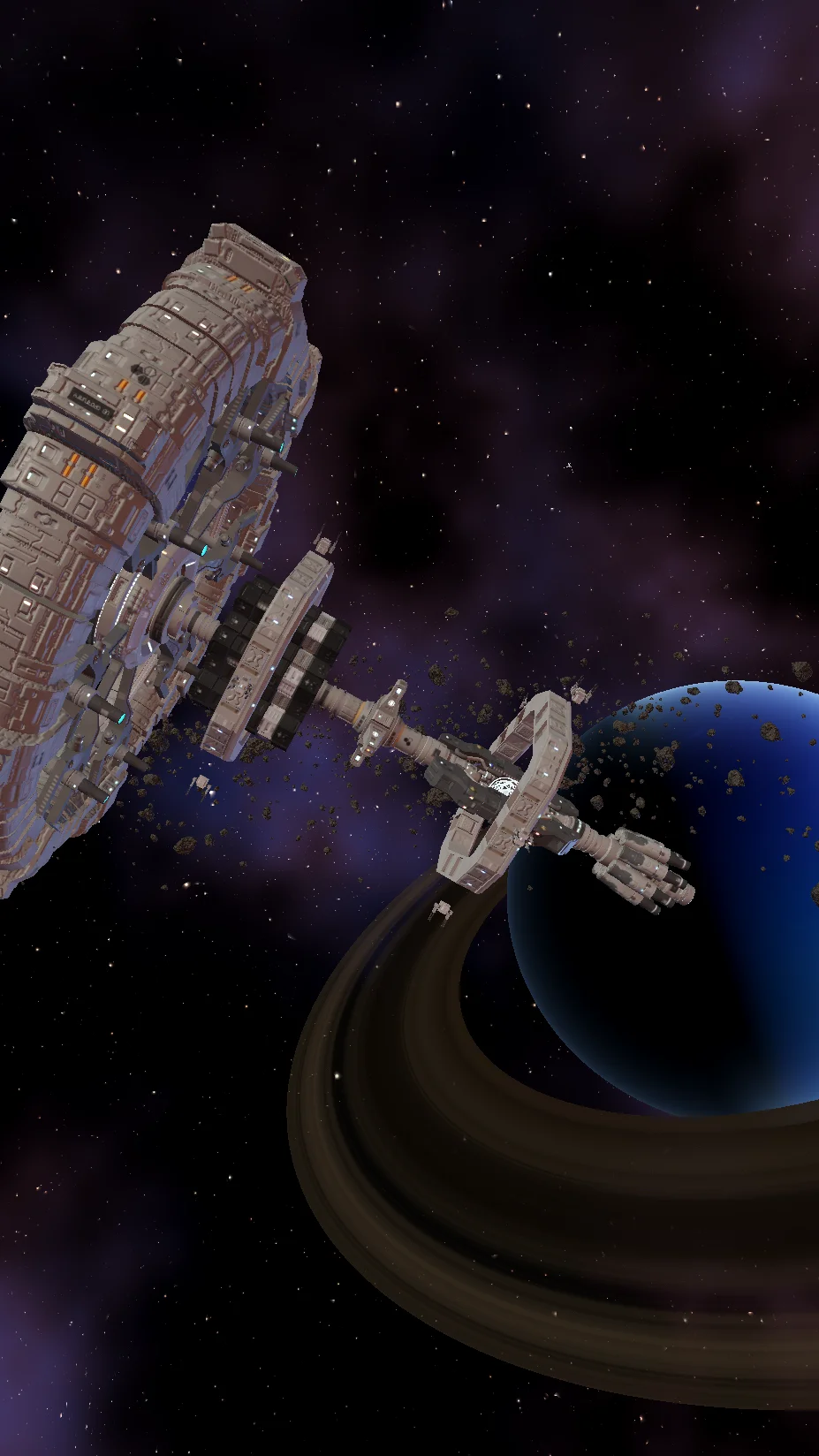 3D space station live wallpaper scene: an orbital station docked in front of a blue ringed gas giant, purple ember nebula and asteroid field behind. Planet backdrop view on an Android tablet