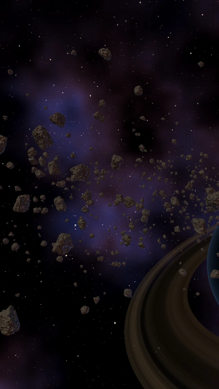 Asteroid field flythrough from the HD Deep Space live wallpaper: dense asteroids drifting past a dark ringed planet under a violet nebula sky