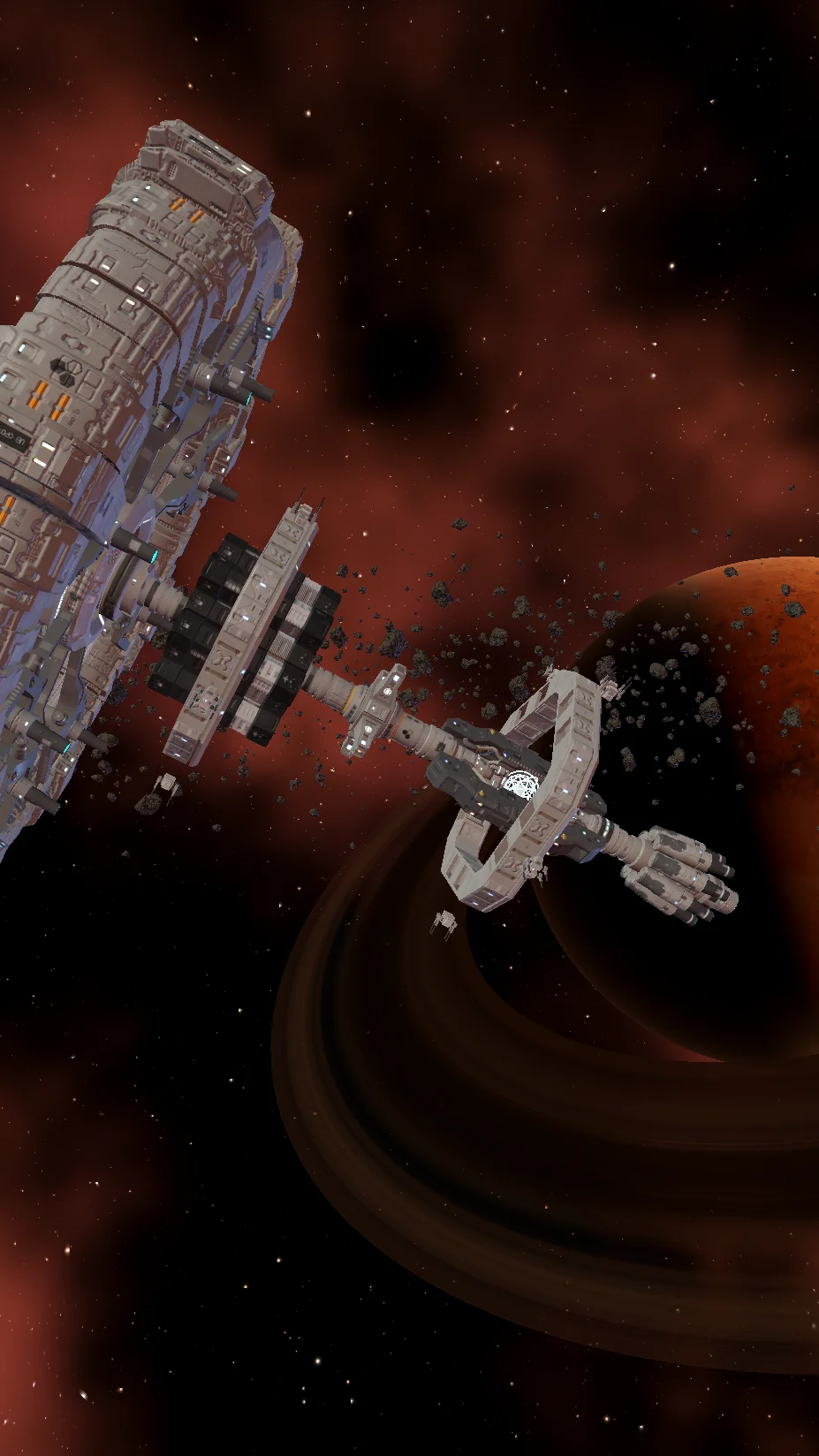 Rust red space wallpaper scene: space station orbiting a Mars-like desert planet with a dusk nebula in matching crimson tones