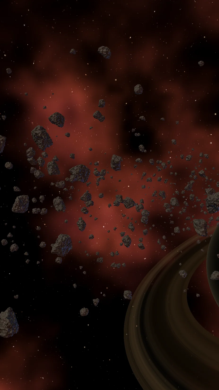 Golden asteroid flythrough: asteroids streaming past a Saturn-style ringed planet with a warm gold ring under a rust nebula. Live wallpaper flythrough view
