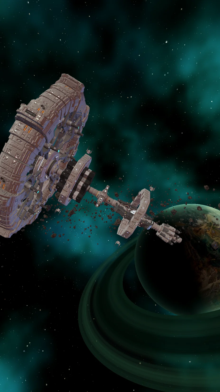 Teal green space live wallpaper: orbital station over a swamp-green planet with an emerald ring and aurora nebula sky