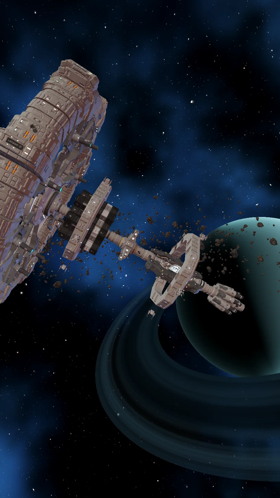 Ice blue 3D wallpaper scene: pale cyan Uranus-style planet with a frosted ring behind the space station, cool blue nebula theme