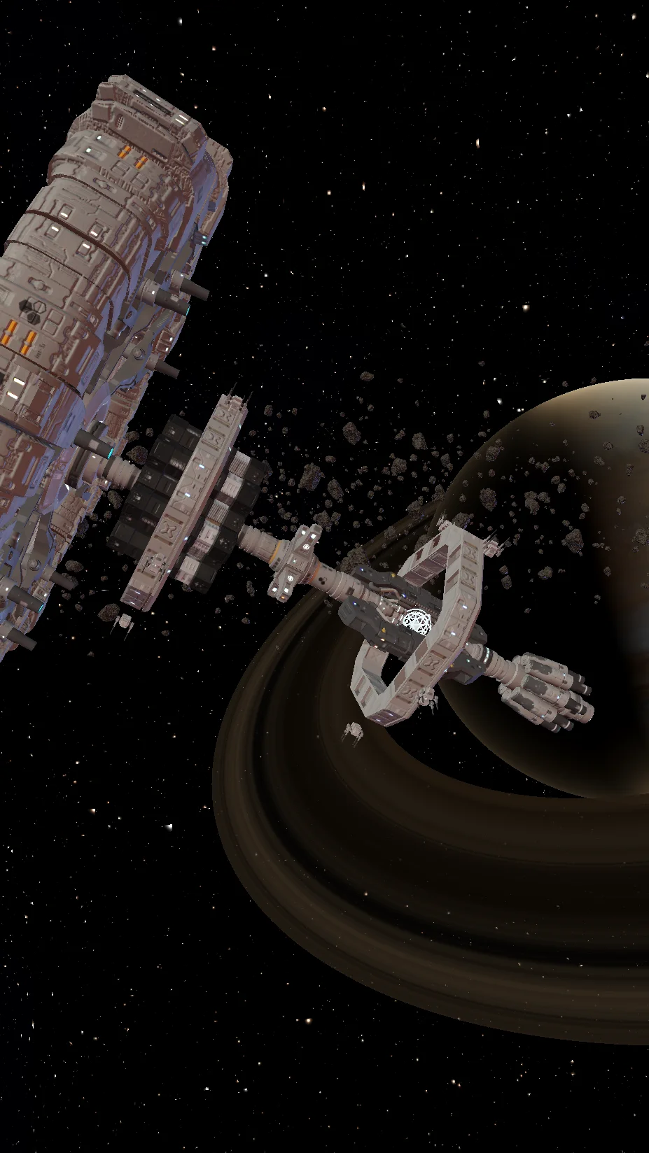 Jupiter-toned live wallpaper scene: banded gas giant with a tan ring behind the orbital station under a quiet midnight nebula