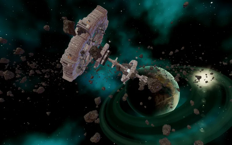 Free HD space wallpaper download: teal-green ringed planet and orbital station under an aurora nebula, 4K widescreen wallpaper