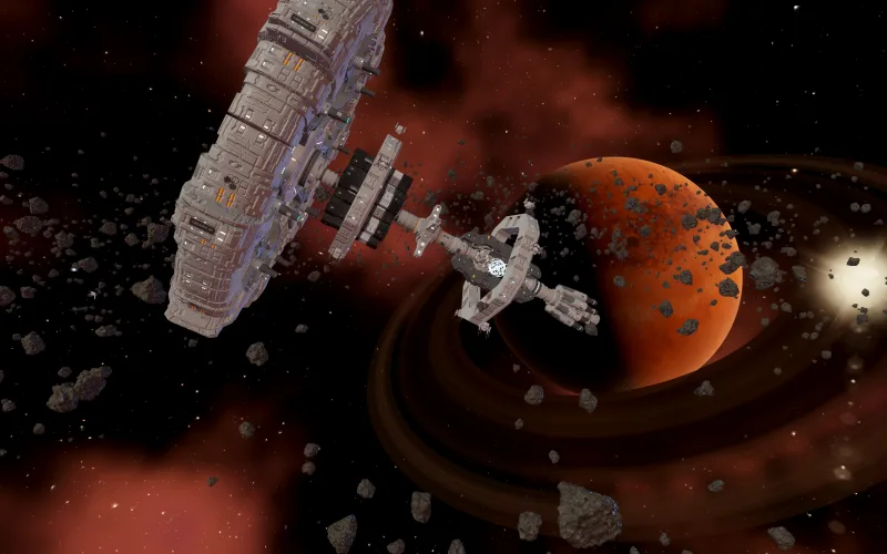 Free HD space wallpaper download: space station over a rust-red Mars-like planet with a crimson dusk nebula, 4K desktop and tablet wallpaper